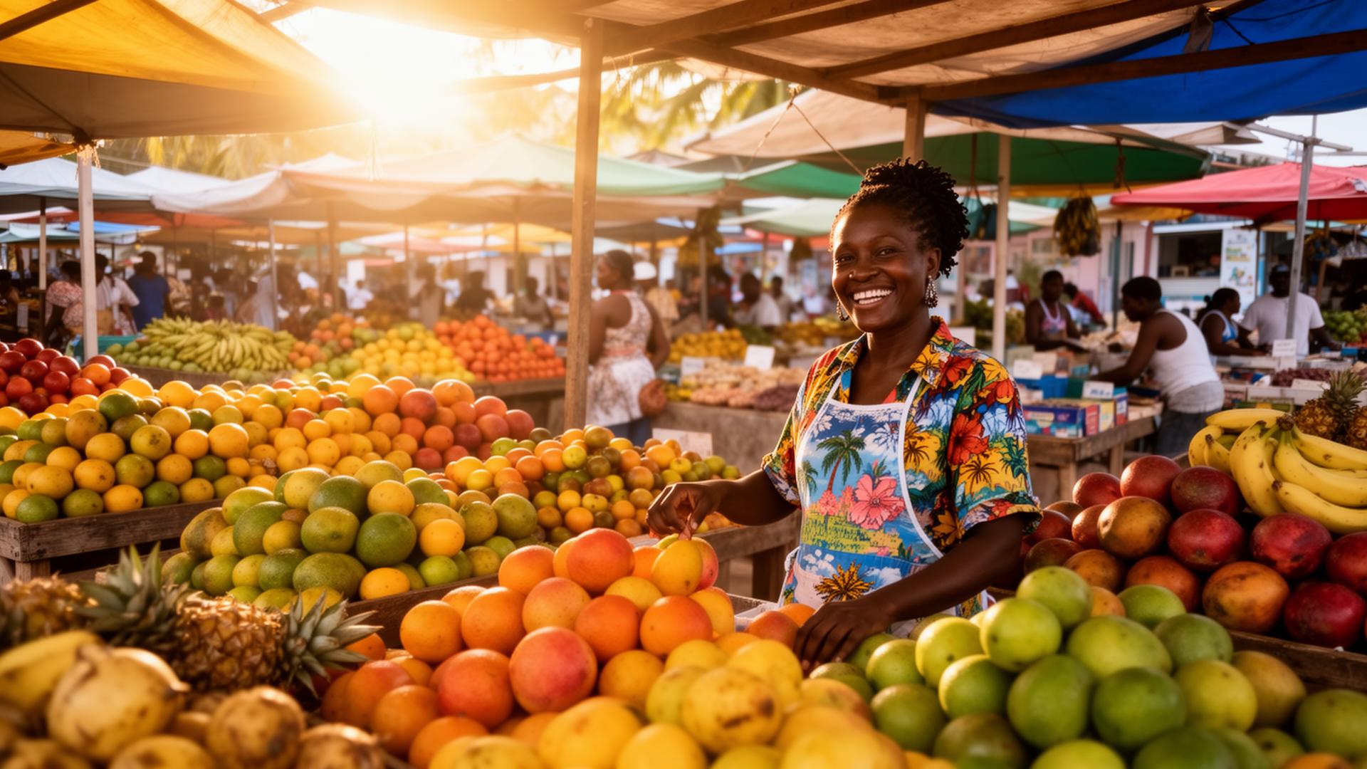 Marché local coloré en Martinique avec fruits tropicaux frais