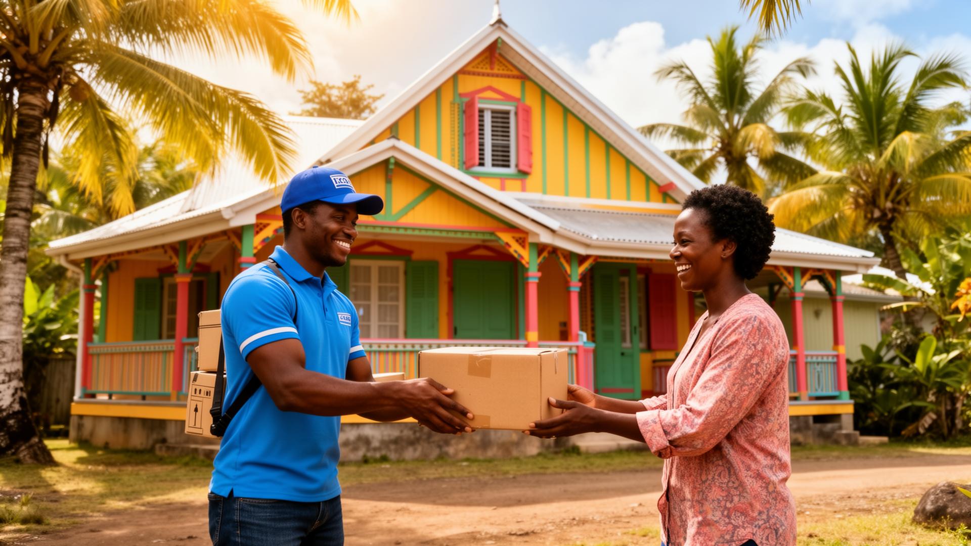 Livraison d'un colis devant une maison créole en Martinique