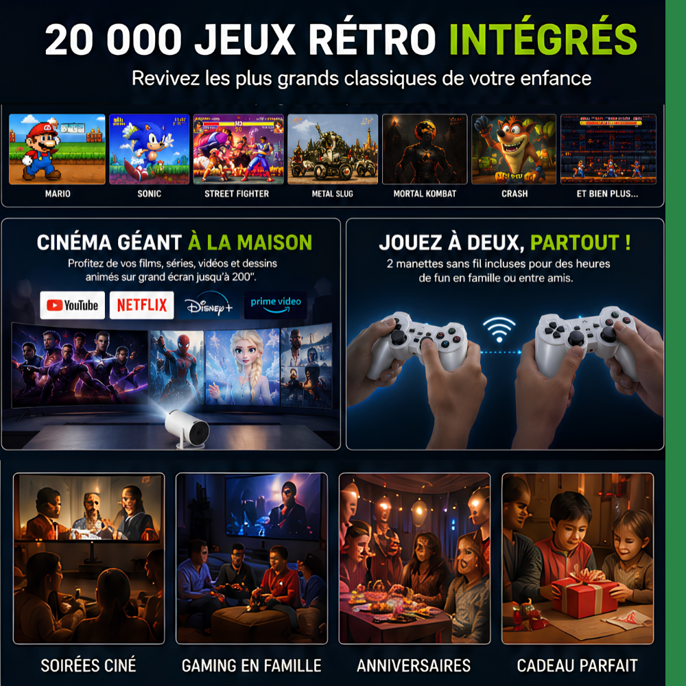 CinéMax Gaming 20 000 jeux – Vidéoprojecteur Gaming & Cinéma 4K avec 2 Manettes Sans Fil